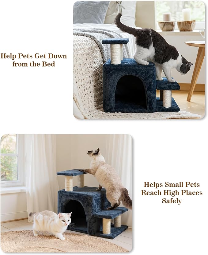 Dog Stairs & Cat Scratching Post, 19.5'' Tall Pet Steps with Condo, Transformable Ramp Holds up to 200 lbs, Indoor Cat Ladder for High Bed, Soft Plush, 3 Steps, 3 Options, Blue Medium