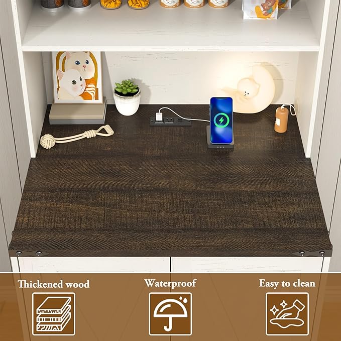 71Inches Tall Cat Litter Box Enclosure for Cats W/Power Outlets,Open Shelves.Wooden Pet Washroom Furniture W/Locks,Cabinet.White Indoor Cats House,Hidden Cat Litter Box for Living Room,Bedroom