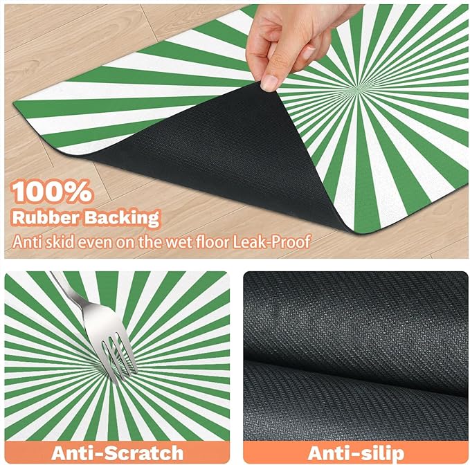 Striped Dog Food Mat for Floors Absorbent, Quick Dry Water Dispenser Mat for Food, Water, Pet Supplies 12" x 20", White Green