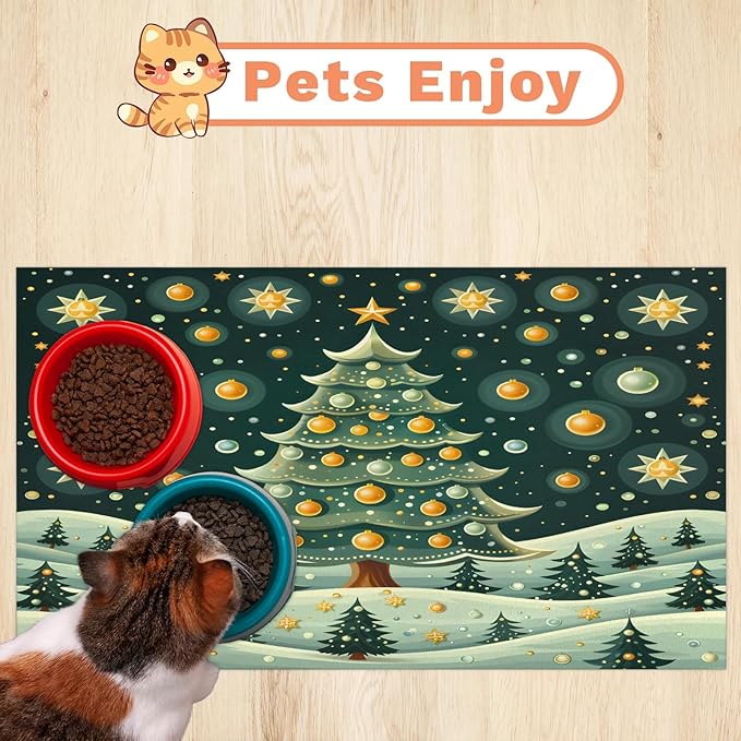 Christmas Trees Dog Food Mat for Floors Absorbent, Quick Dry Water Dispenser Mat for Food, Water, Pet Supplies 24" x 32", Merry Xmas