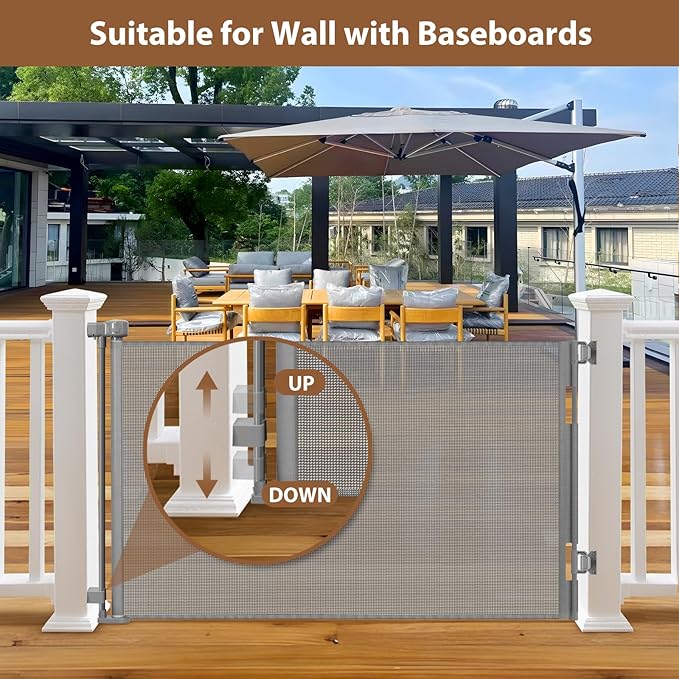 Weatherproof Outdoor Retractable Dog Gate for Deck with No Rust Stainless Steel Screws and Rods, 55" Wide Waterproof Retractable Baby Gates for Doorways, Safety Mesh Outdoor Dog Gate for Pet, Gray