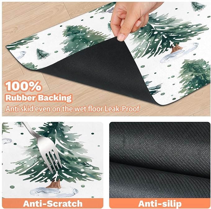 Christmas Tree Dog Food Mat for Floors Absorbent, Quick Dry Water Dispenser Mat for Food, Water, Pet Supplies 17" x 30", Winter Xmas