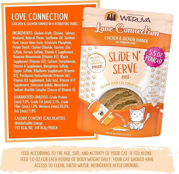 Weruva Wet Cat Food, Love Connection with Chicken and Salmon Pate, 5.5oz Slide N Serve Pouch, Pack of 12