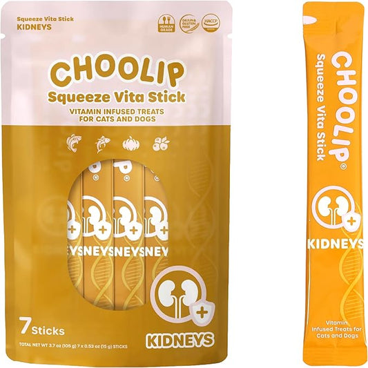 Choolip Squeeze Vita Stick Lickable Cat and Dog Treats, 7-Count Kidney Support, Tuna and Pollack with Cranberry, CoQ10 and Omega-3, Grain-Free, Vet-Formulated