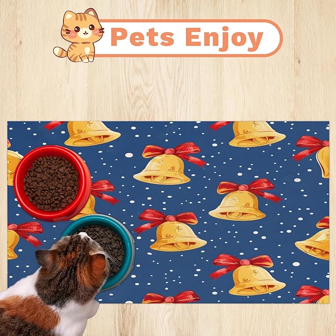 Christmas Bell Dog Food Mat for Floors Absorbent, Quick Dry Water Dispenser Mat for Food, Water, Pet Supplies 17" x 30", Winter Snowflake