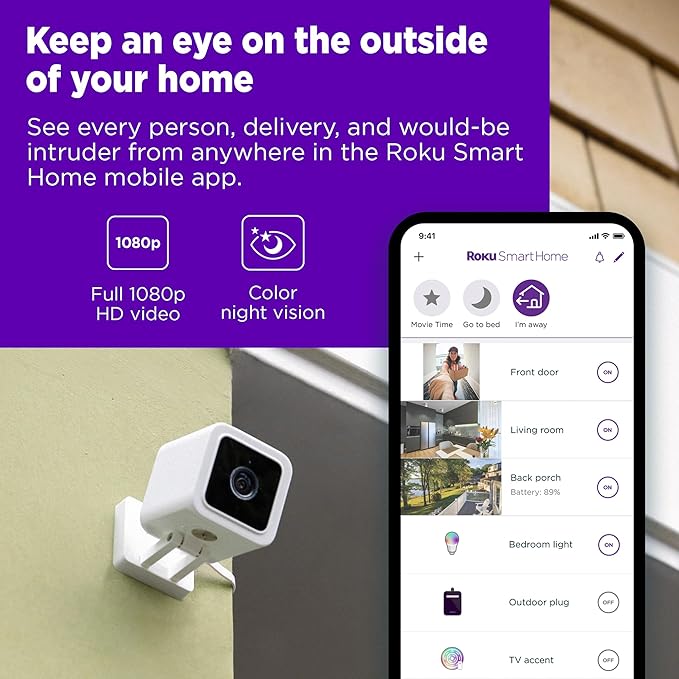 Roku Outdoor Camera for Home Security - IP65 Weather Resistant Wired Security Camera with 1080p HD Night Vision, Works with Alexa & Google, Motion & Sound Detection - 90-Day Subscription Included