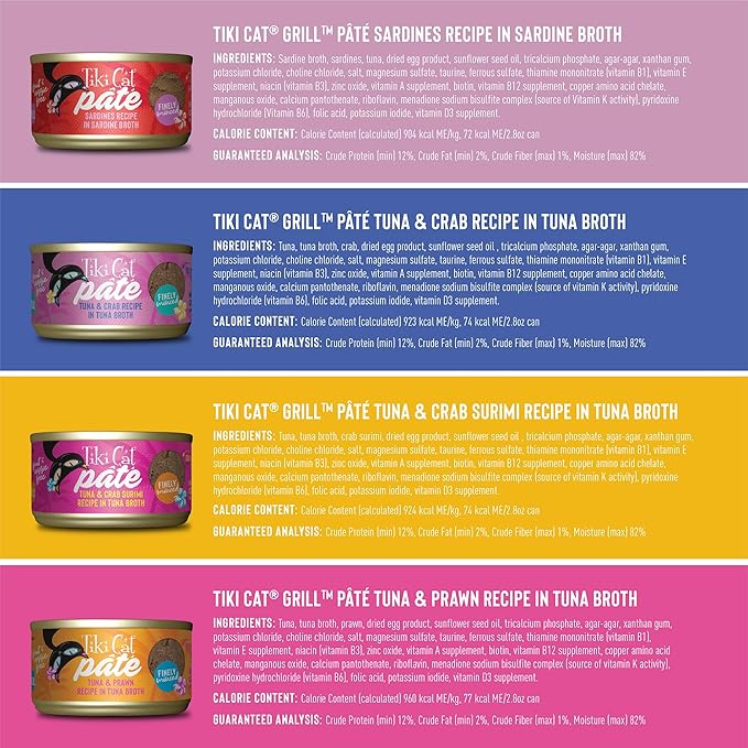 Tiki Cat Grill Pâté Variety Pack, Combinations of Real Flaked Fish, Wet High-Protein & High-Moisture Cat Food, 2.8 oz. Cans, 12 Count (Pack of 2)