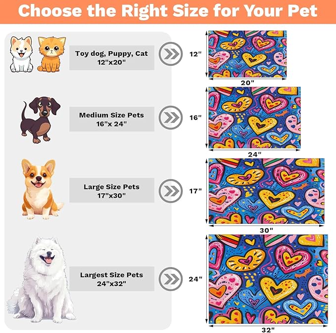 Colorful Love Dog Food Mat for Floors Absorbent, Quick Dry Water Dispenser Mat for Food, Water, Pet Supplies 17" x 30", Heart
