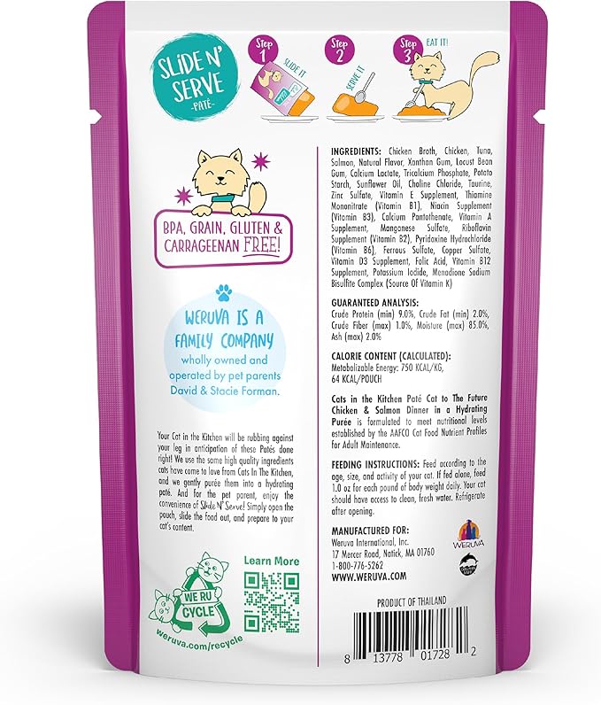 Weruva Cats in The Kitchen Slide N' Serve Grain-Free Natural Wet Pate Cat Food Pouches, Cat to The Future, 3oz Pouch (Pack of 12)