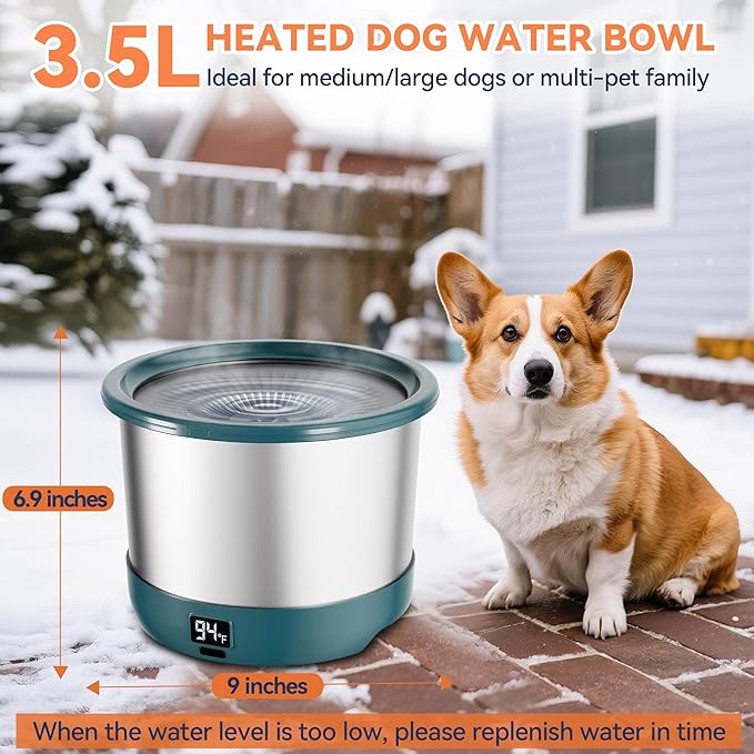 3.5L Heated Water Bowl, Stainless Steel Heated Dog Bowl with Digital Display and Adjustable Temperature, Heated Outdoor Pet Water Bowl Provides Warm Water for Dogs