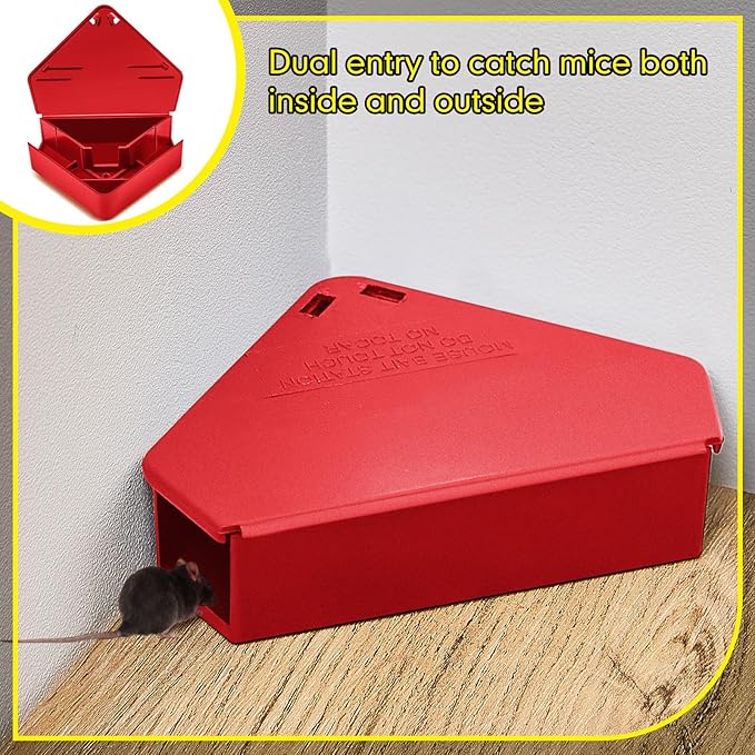 Qualirey Mice Station with Key Triangle Mouse Station Reusable Rodent Trap Box, Keeps Children and Pets Safe Indoor & Outdoor Suitable for Small Mice(Red,12 Pcs)