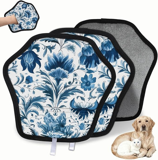 Vintage Floral Electrostatic Pet Hair Removal Glove for Cats & Dogs - Reusable Grooming Mitt for Couch, Carpet, Car Seat & Laundry - Large 9x9 Inch