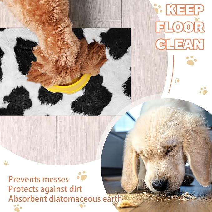 Cowhide Print Dog Food Mat for Floors Absorbent Dog Bowl Mat for Food and Water Dispenser Quick Dry Cat Food Placemat Pet Supplies 16" x 24", Black Milk Cow