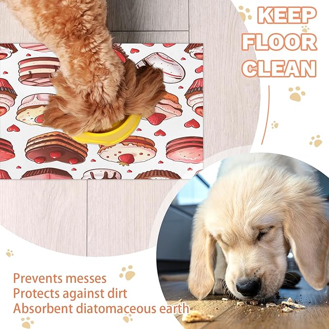 Dessert Theme Dog Food Mat for Floors Absorbent Dog Bowl Mat for Food and Water Dispenser Quick Dry Cat Food Placemat Pet Supplies 12" x 20", Valentine's Day Cake