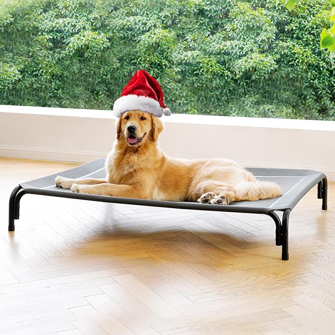 Elevated Dog Bed Raised Outdoor Dog Cot for Extra Large Dogs, Installation Requires No Tools, Frame with Washable Cooling Breathable Mesh Anti-Slip Feet, Indoor Pet Bed, Grey, 48.8 Inches