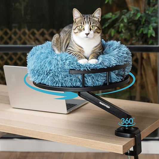Cat Desk Bed – 360° Rotating Hammock Mount with Strong Clamp | Supports 44 lbs | Reinforced Wood Base, Plush Washable Cushion, Easy Tool-Free Install, Space-Saving Modern Furniture