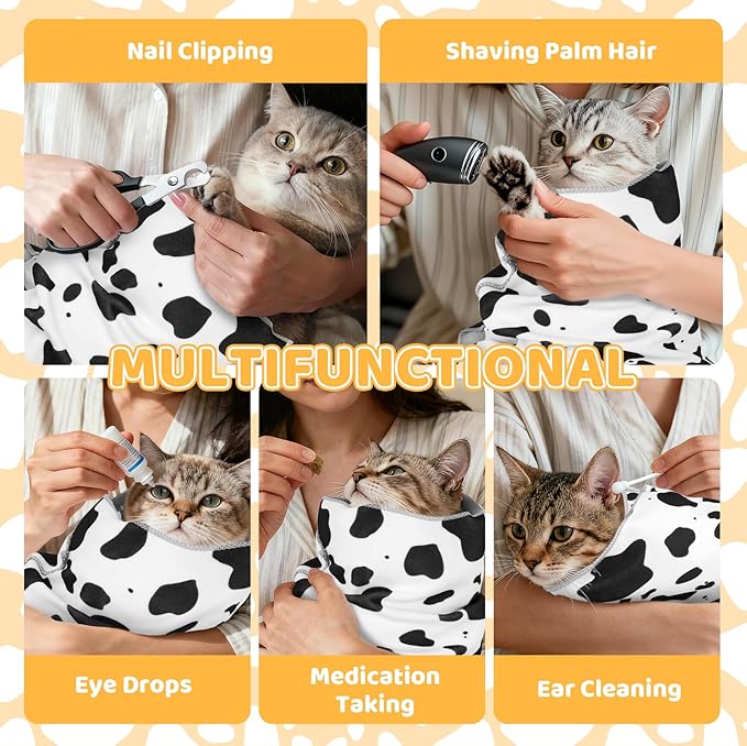 21.7" Cat Grooming Wrap for Cutting Nails, Cow Pattern Self-Adherent Fabric Wrap for Cats, Anti-Scratch Anti-Escape Multifunctional Cat Swaddle Tool for Teeth Brushing, Ear Cleaning
