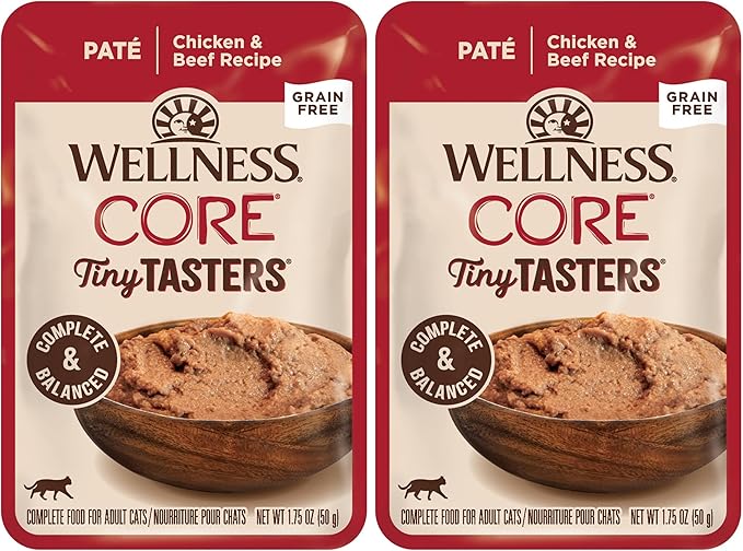 Wellness CORE Tiny Tasters Pate Adult Wet Cat Food,Natural,Protein-Rich,Grain Free,1.75 Ounce Pouch (Chicken & Beef),(Pack of 24)
