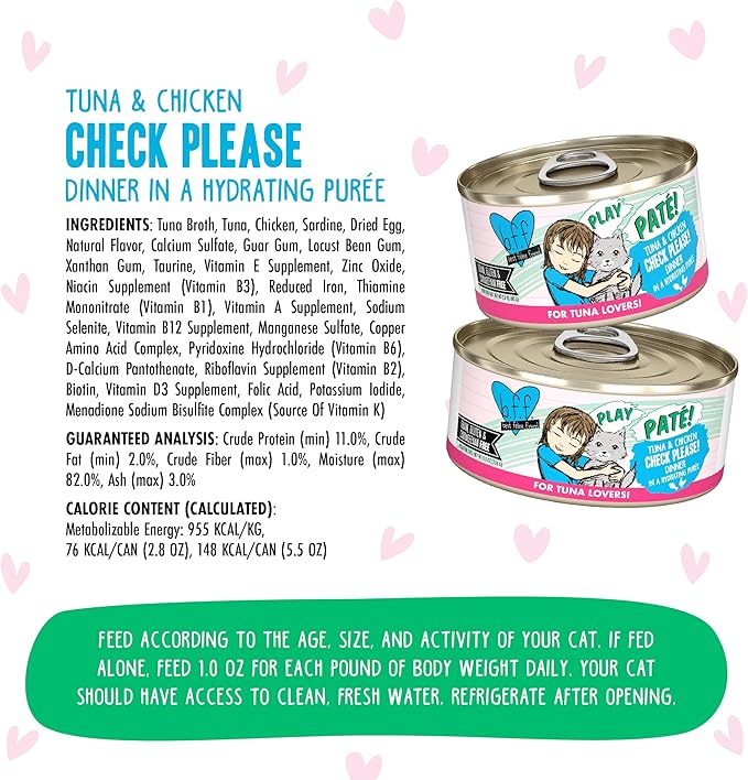 Weruva B.F.F. Play - Best Feline Friend Paté Lovers, Aw Yeah!, Tuna & Chicken Check Please! with Tuna & Chicken, 2.8oz Can (Pack of 12)