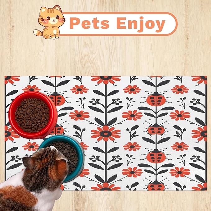 Boho Floral Dog Food Mat for Floors Absorbent, Quick Dry Water Dispenser Mat for Food, Water, Pet Supplies 12" x 20", Red Ladybird