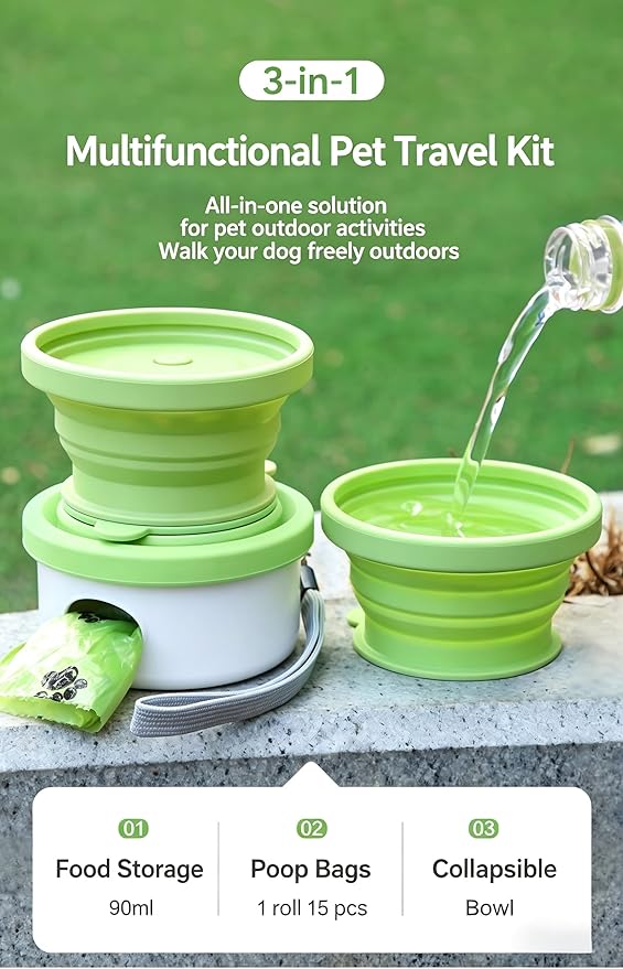 3-in-1 Portable Dog Travel Kit | Collapsible Silicone Feeding Bowl + 90ml Food Storage + Poop Bag Dispenser | Food-Grade Pet Walking Supplies with Biodegradable Bags for Outdoor, Hiking & Trips
