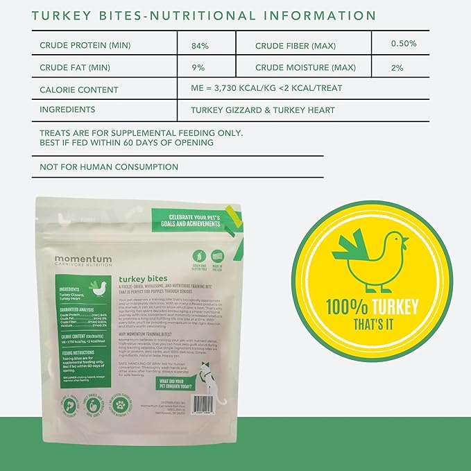 Momentum Carnivore Nutrition Freeze-Dried Turkey Training Bites – Two Ingredients-Turkey Gizzards and Hearts, All-Natural Dog Treats –Made in USA – Perfect for Training & Rewards- 2.5 oz Bag
