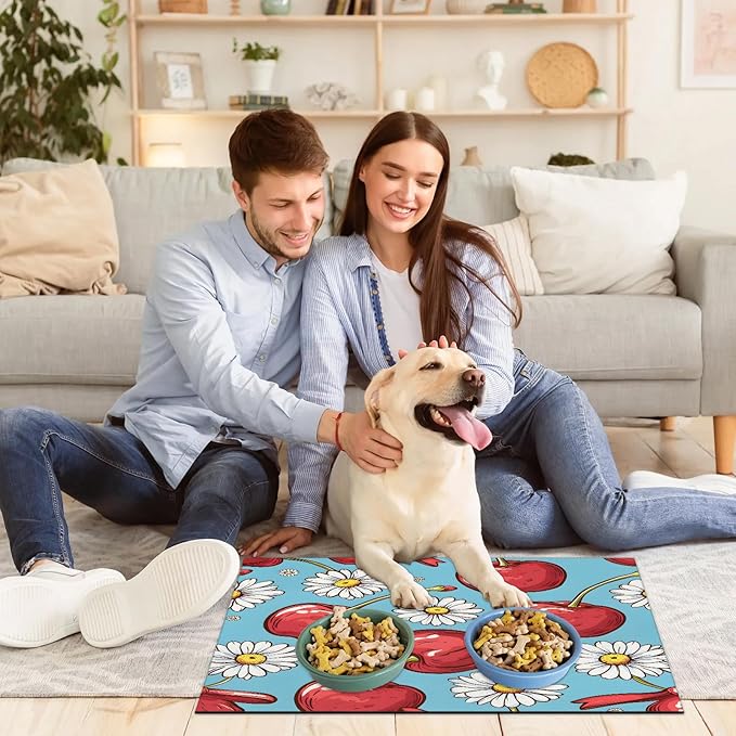 Cherry Dog Food Mat for Floors Absorbent Dog Bowl Mat for Food and Water Dispenser Quick Dry Cat Food Placemat Pet Supplies 16" x 24", Daisy Flowers