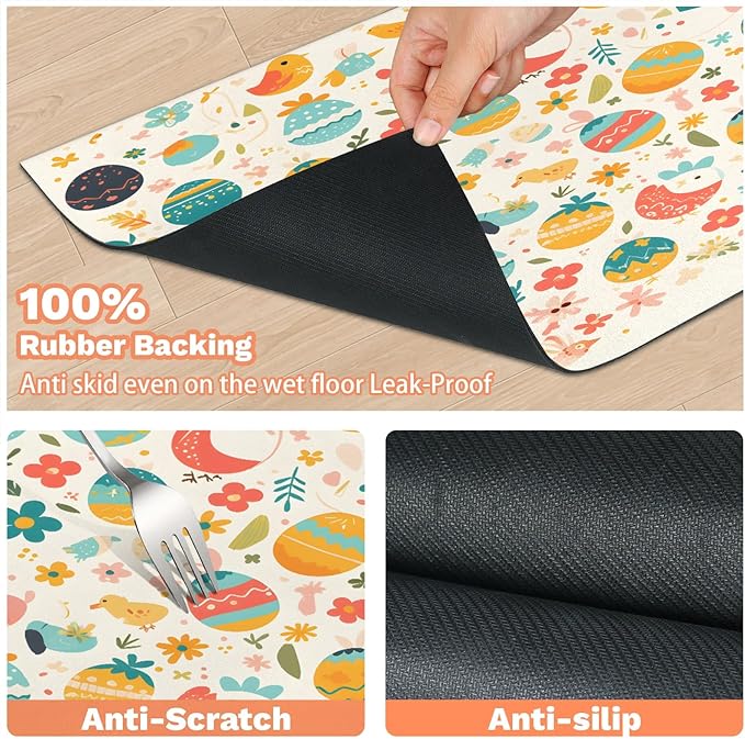 Easter Egg Dog Food Mat for Floors Absorbent Dog Bowl Mat for Food and Water Dispenser Quick Dry Cat Food Placemat Pet Supplies 16" x 24", Chicken Flower
