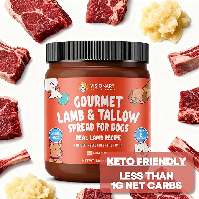 Visionary Pet Foods Lamb and Tallow Meat Spread, Dog Safe - Natural Peanut Butter Alternative - Digestive Support, No Additives - Meal Topper or Lick Mat Treat - 12oz Jar