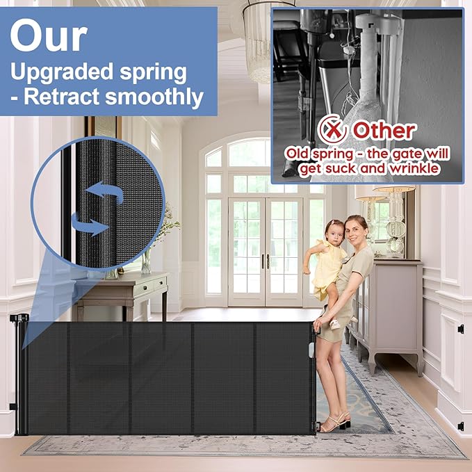 Reinforced 200 Inch Extra Wide Baby Gate Retractable Dog Gate 16.7ft Outdoor pet Gates for Wide Openings 33 Inch Tall No Sag Mesh Retractable Baby Gates for Doorways with Reinforced Strips, Black
