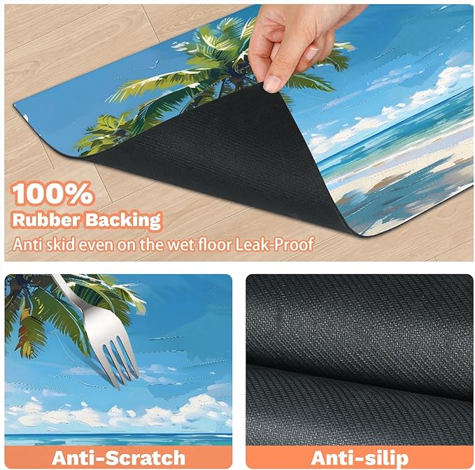 Ocean Beach Dog Food Mat for Floors Absorbent, Quick Dry Water Dispenser Mat for Food, Water, Pet Supplies 17" x 30", Tropical Palm Tree
