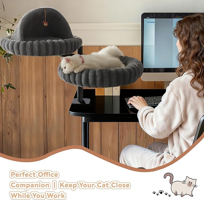 Dogpals 2-in-1 Cat Desk Bed: 360° Rotating & Height Adjustable Cat Tree with Semi-Enclosed & Open Layers, No-Drill Clamp for Desk up to 1.18" Thick, Supports 9lbs for Office, Grey