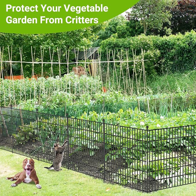 8 Panels No Dig Decorative Outdoor Garden Fence with Gate for Yard, 48 in(H) X 21 ft(L) Animal Barrier Fencing Rustproof Metal Wire Panel Border for Dog, Rabbits, and Patio Temporary Ground Stakes