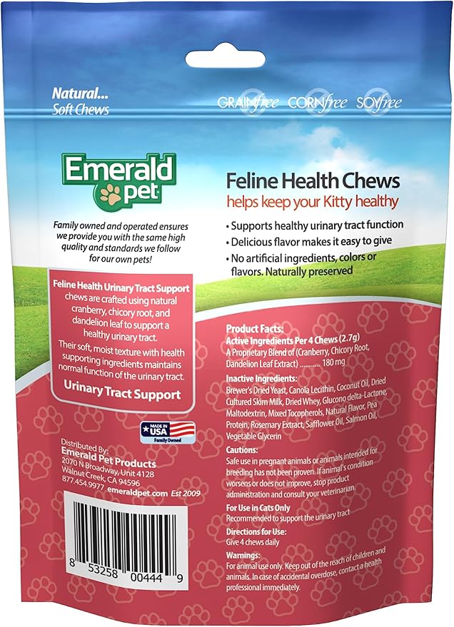 Emerald Pet Feline Health Chews UT Support — Natural Grain Free Urinary Tract Health Cat Chews — Cat Urinary Supplements with Cranberry, Chicory Root, and Dandelion Leaf Extract — Made in USA, 2.5 oz