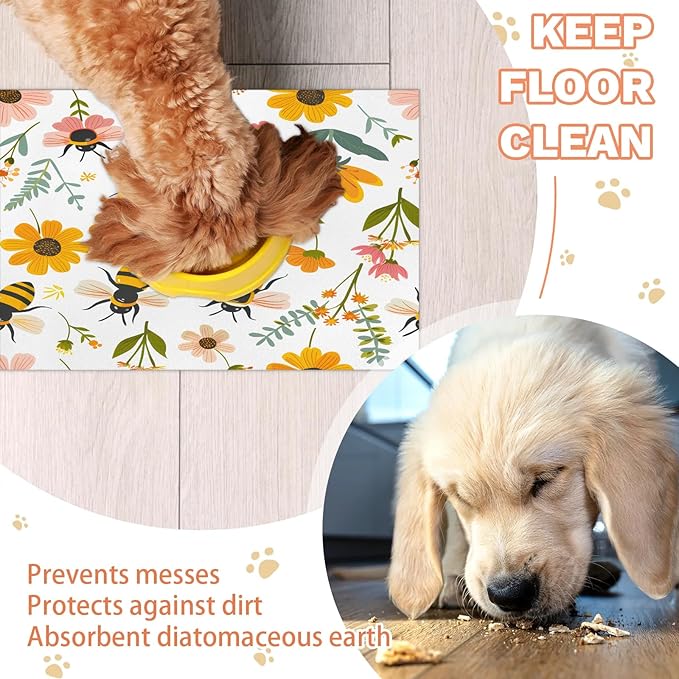 Spring Flower Dog Food Mat for Floors Absorbent, Quick Dry Water Dispenser Mat for Food, Water, Pet Supplies 24" x 32", Bee