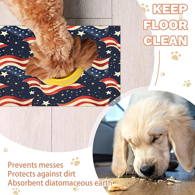 4th of July Dog Food Mat for Floors Absorbent Dog Bowl Mat for Food and Water Dispenser Quick Dry Cat Food Placemat Pet Supplies 12" x 20", Galaxy Star
