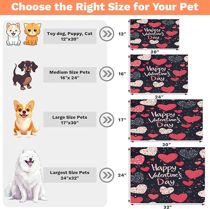 Happy Valentine Dog Food Mat for Floors Absorbent, Quick Dry Water Dispenser Mat for Food, Water, Pet Supplies 16" x 24", Love Heart