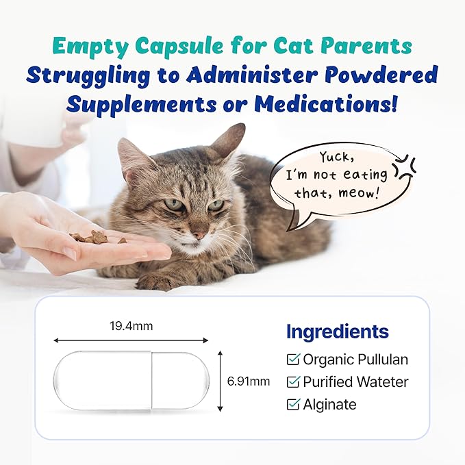 Organic Pullulan Empty Capsules for Cats - Hides Medicine Taste & Scent | Naturally Fermented, Highly Digestible | Capacity Up to 350mg (120 Counts)
