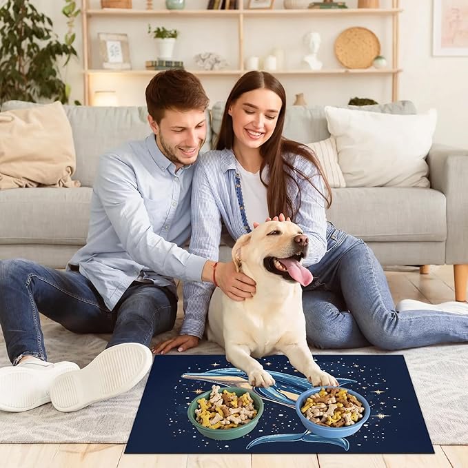 Dolphins Dog Food Mat for Floors Absorbent Dog Bowl Mat for Food and Water Dispenser Quick Dry Cat Food Placemat Pet Supplies 24" x 32", Galaxy Star