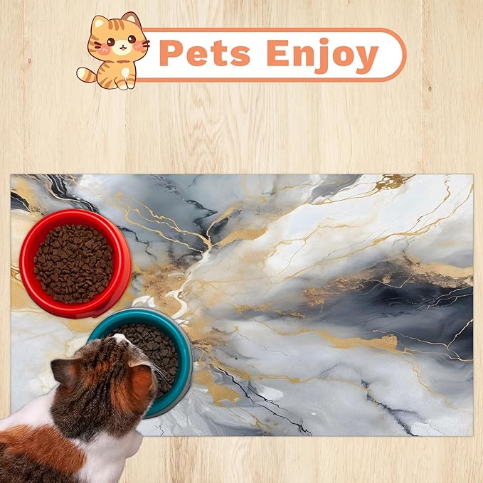 Grey Marble Dog Food Mat for Floors Absorbent, Quick Dry Water Dispenser Mat for Food, Water, Pet Supplies 16" x 24", Gold Abstract