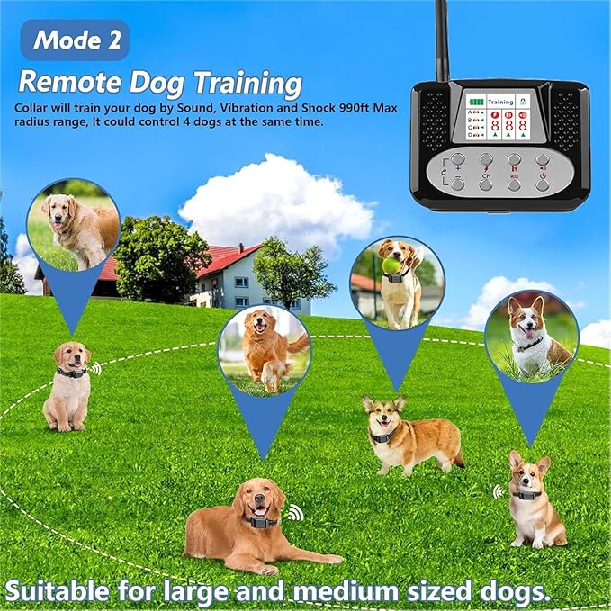 Wireless Dog Fence, Electric Dog Fence & Remote Training Collar 2 in 1, Vibration & Shock, IP67 Waterproof Receiver, 3 Modes, 2026 Pet Boundary Containment System for 1/2/3/4 Dogs,for2dogs