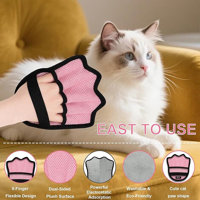 RCL Pet Hair Removal Glove, Upgraded Reusable Electrostatic Pet Hair Remover Mitt for Cats & Dogs, 5-Finger Design Grooming Glove for Sofa, Clothes, Carpet, Car Seat (1pc, Pink)