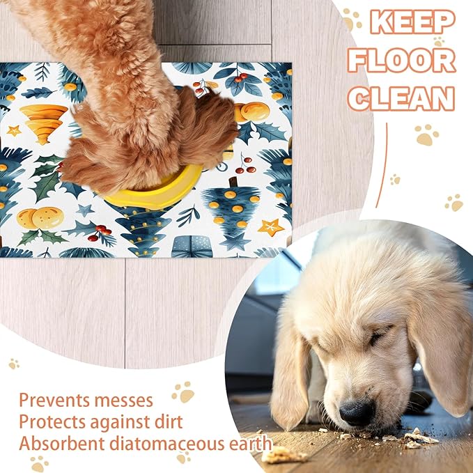 Merry Christmas Dog Food Mat for Floors Absorbent, Quick Dry Water Dispenser Mat for Food, Water, Pet Supplies 24" x 32", Pine Tree