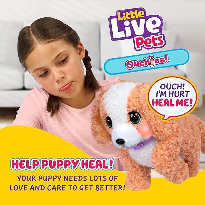 Little Live Pets Ouchies Amazon Exclusive Hazel The Poodle Plush, 50+ Sounds, Limping to Walking Puppy Toy & Carrier, Interactive Puppy Toy for Kids 5+