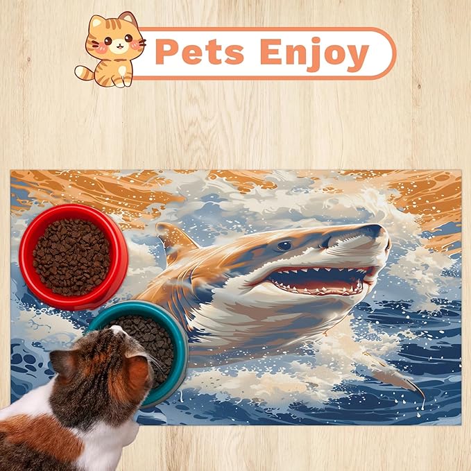 Ocean Shark Dog Food Mat for Floors Absorbent Dog Bowl Mat for Food and Water Dispenser Quick Dry Cat Food Placemat Pet Supplies 24" x 32", Coastal Nautical