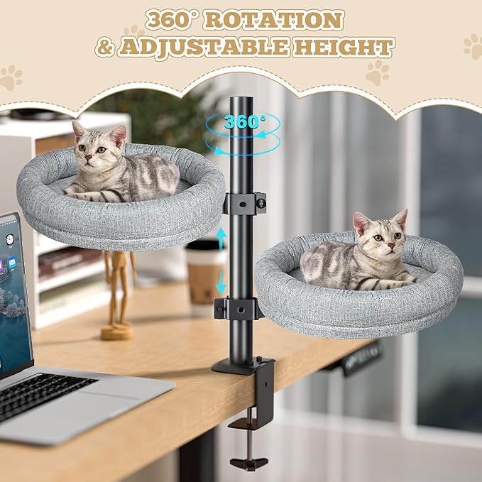 Cat Bed - with 360 Rotation & Adjustable Height - Soft & Comfortable - Indoor Cats Up to 40 lbs (Grey)