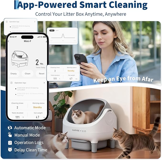 Self Cleaning Litter Box, Automatic Cat Litter Box with APP Control, Odor-Free Waste Disposal Includes Trash Bags, Large Waste Bin, Open-Top, for Multiple Cats, Light Grey