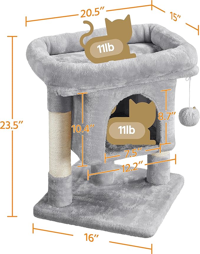 Yaheetech Cat Scratching Posts with Bed, 23.5 Inches Cat Kitten Scratcher Featuring with Sisal Scratch Posts, Interactive Dangling Ball for Indoor Large Cats, Light Gray