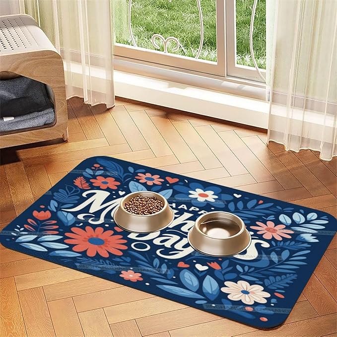 Pet Feeding Mat Absorbent Dog Mat for Food Water Bowl No Stains Quick Dry Water Dispenser Mats Happy Mother's Day Floral Gift Mom Navy Dog Accessories Pet Supplies Bowl for Messy Drinkers 24x16In