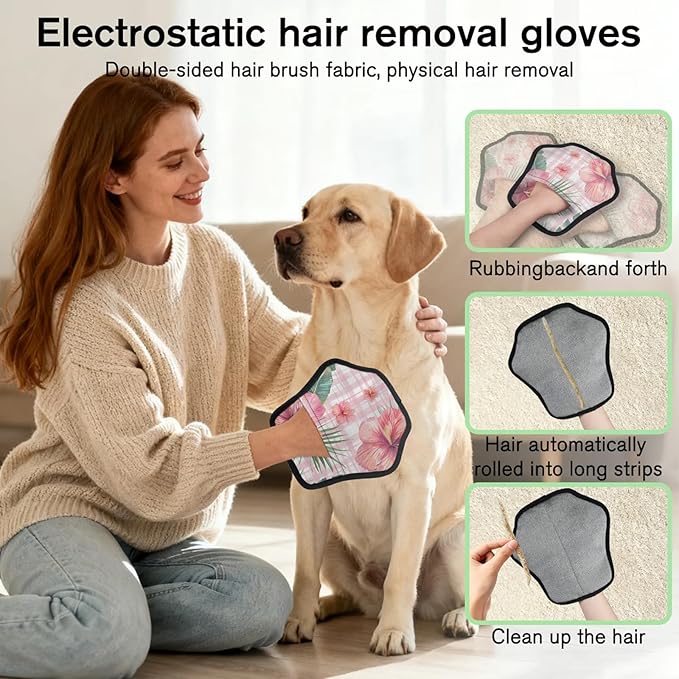 Reusable Pet Hair Removal Glove Tropical Flower Palm Leaves Magic Brush for Cat & Dog Hair Remover for Car, Sofa, Bedding, Clothes - 9x9 Mitt Washable